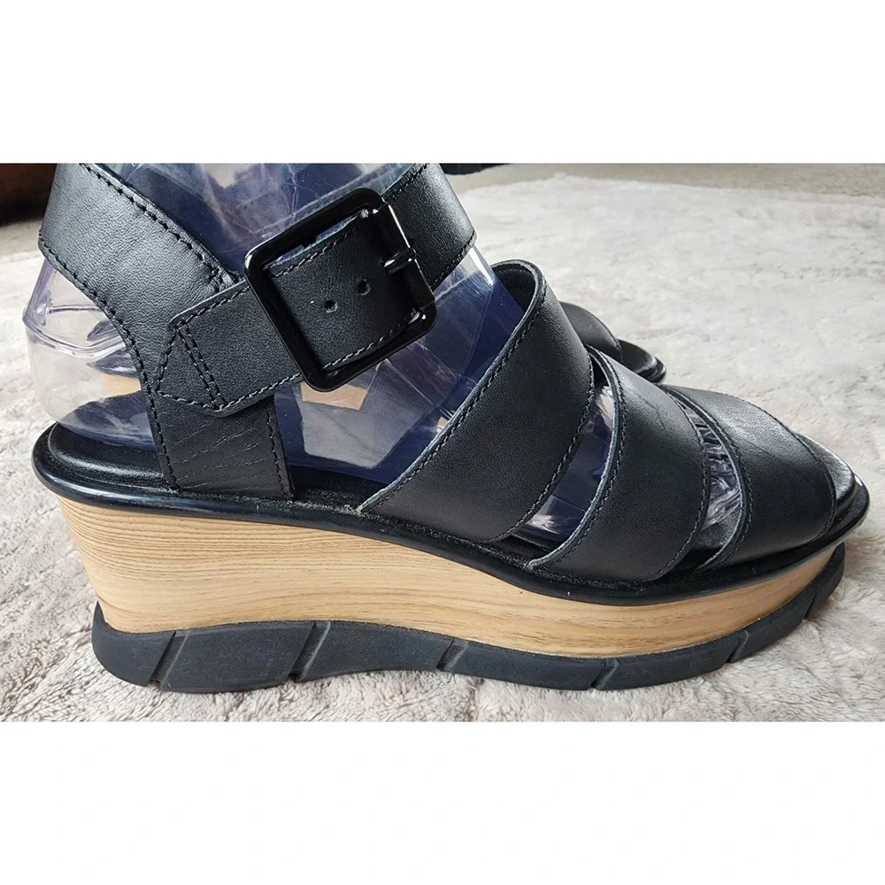 Sorel Joanie III Black Ankle Strap Leather Wedge Sandals Womens 8.5 1986121010